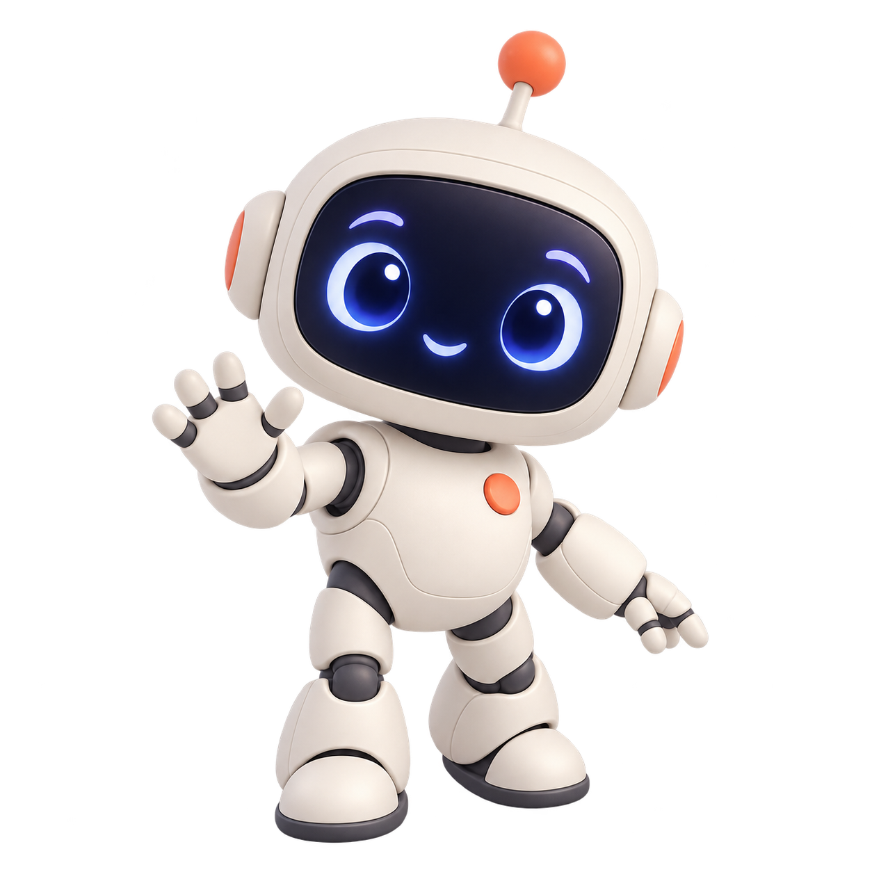 La mascota de Workbot: un pequeño robot blanco de ojos azules saludando